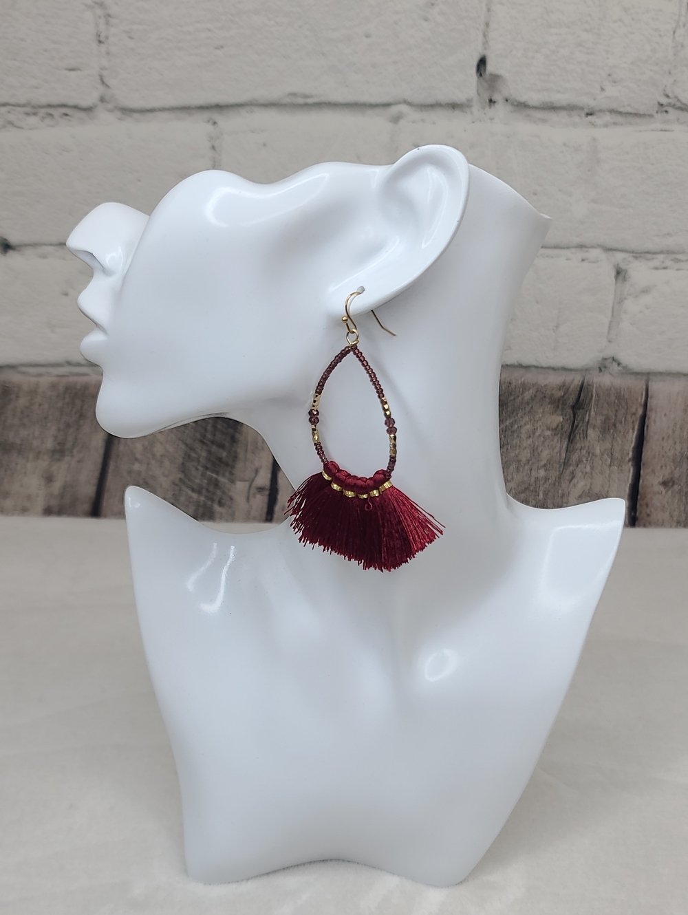 Stony Beaded Dangle Wire Teardrop Hoop Fringe Tassel Hook Earrings Red Wine/Gold